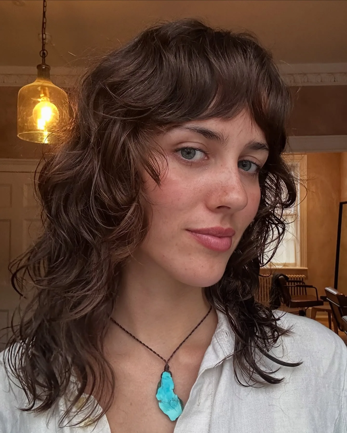 6. Soft Espresso Curly Shag (Medium Layered Shag)