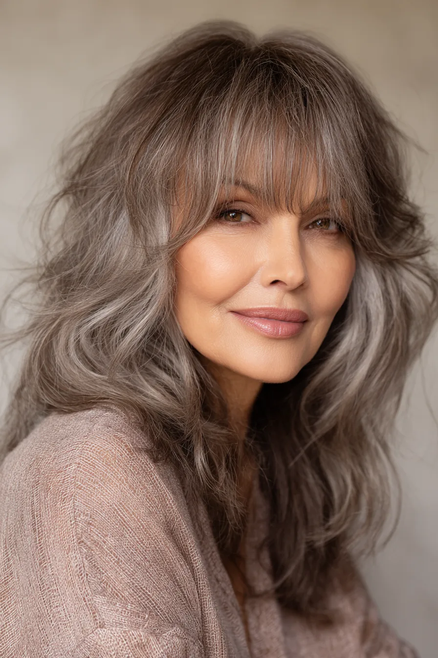 6. Soft Wavy Layers with Bardot Bangs in Cool Brown (Medium Length Hairstyles For Women Over 60 With Bangs) - Medium Length Hairstyles For Women Over 60 With Bangs