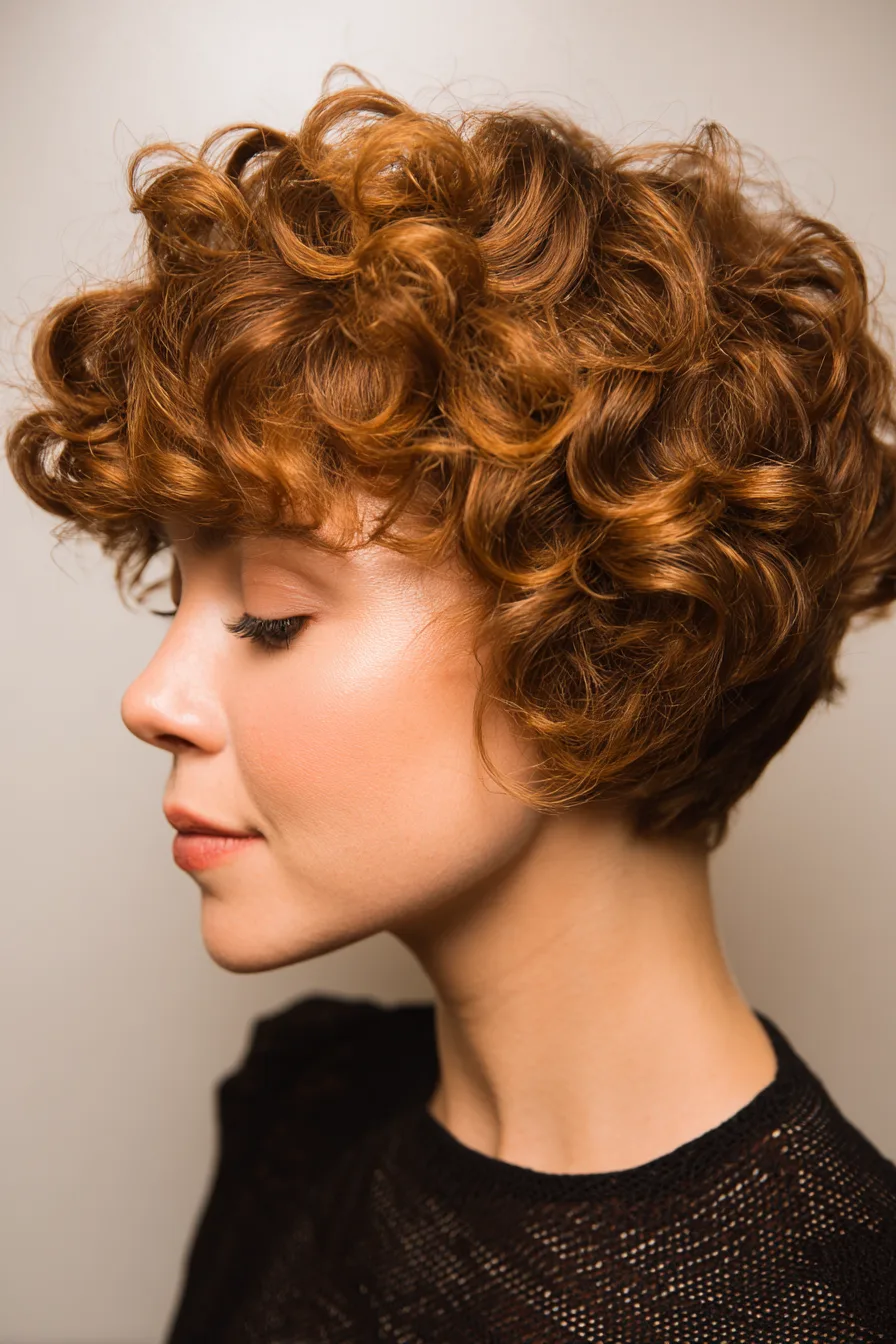 6. Warm Chestnut Curly Bowl Cut (Short Curled Hairstyles) - Short Curled Hairstyles