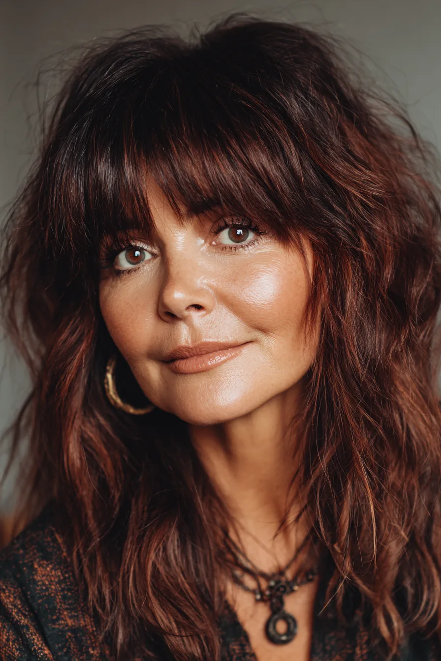 7. Modern Wolf Cut with Fringe in Dark Auburn (Medium Length Hairstyles For Women Over 60 With Bangs) - Medium Length Hairstyles For Women Over 60 With Bangs