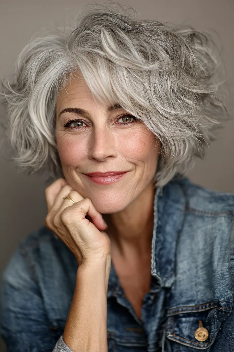 7. Shaggy Cut with Natural Gray Fade (Short Messy Hairstyles For Women Over 50) - Short Messy Hairstyles For Women Over 50