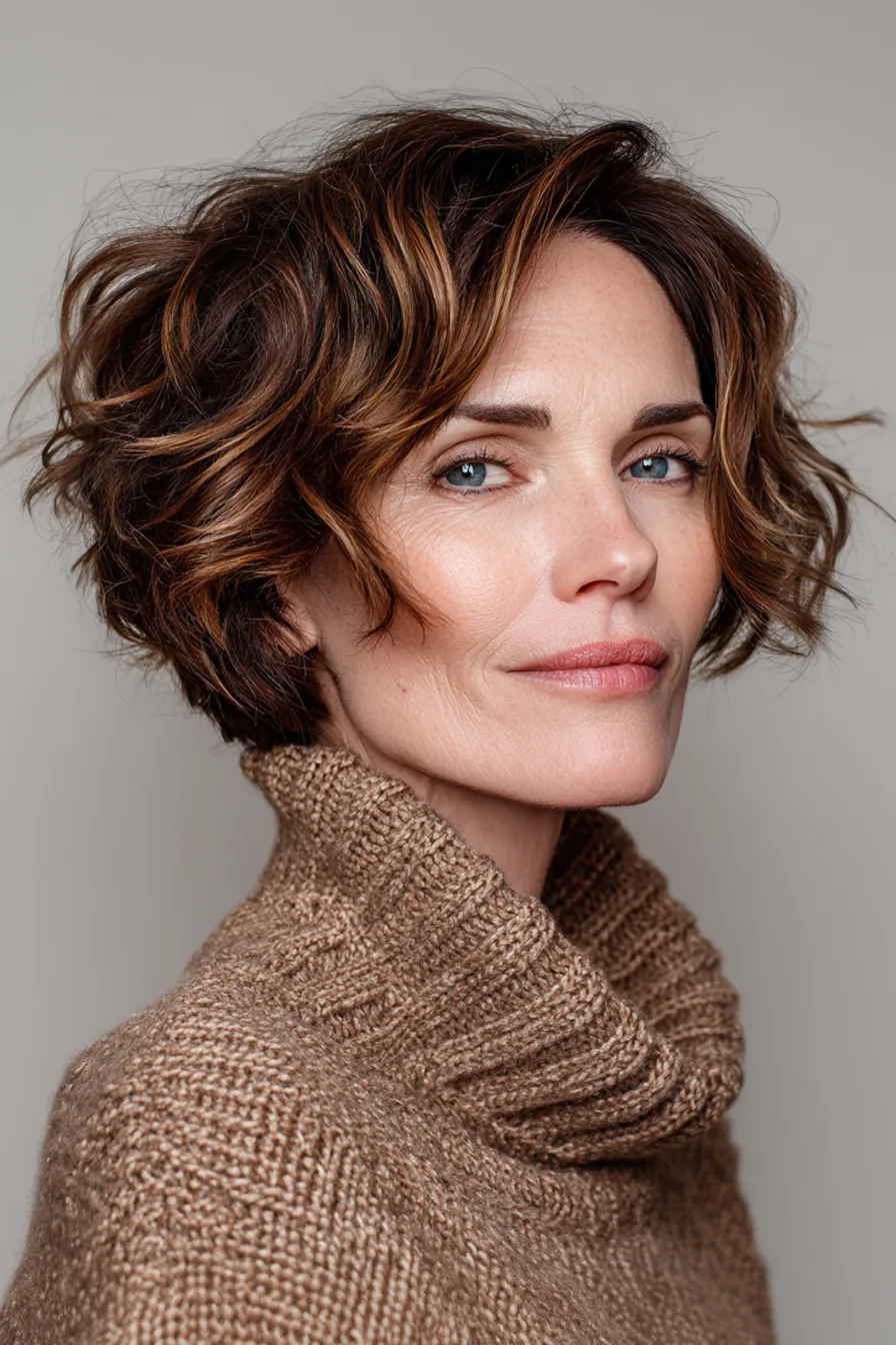 7. Side-Parted Wavy Crop in Warm Chestnut (Short Haircuts For Women Over 50 With Wavy Hair) - Short Haircuts For Women Over 50 With Wavy Hair