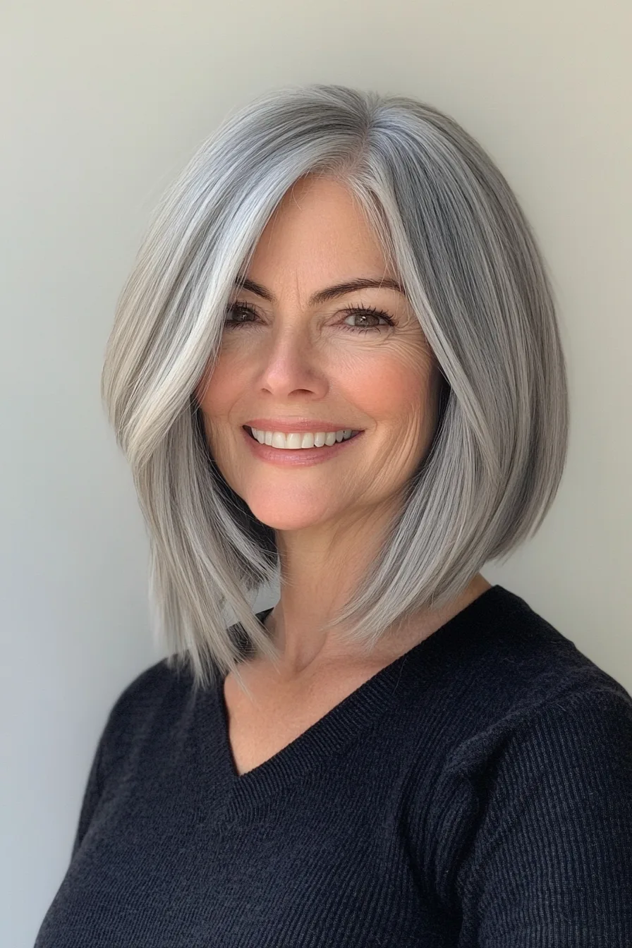 7. Steel Gray Asymmetrical Bob (Edgy Hairstyles For Women Over 60) - Edgy Hairstyles For Women Over 60