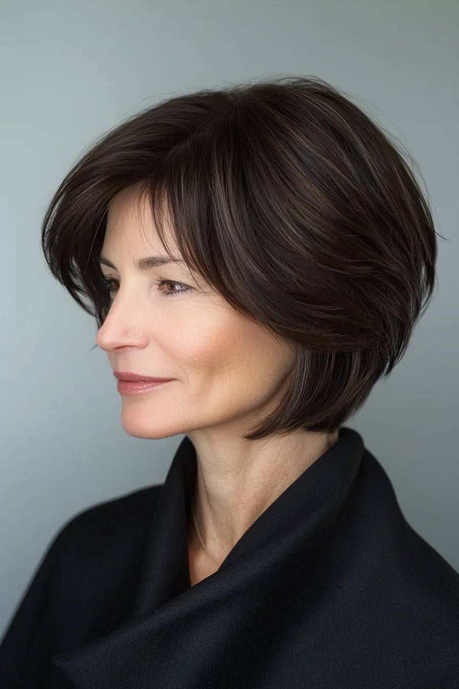 8. Angled Bob in Dark Brown with Feathered Ends (Short Wispy Haircuts Older Women) - Short Wispy Haircuts Older Women