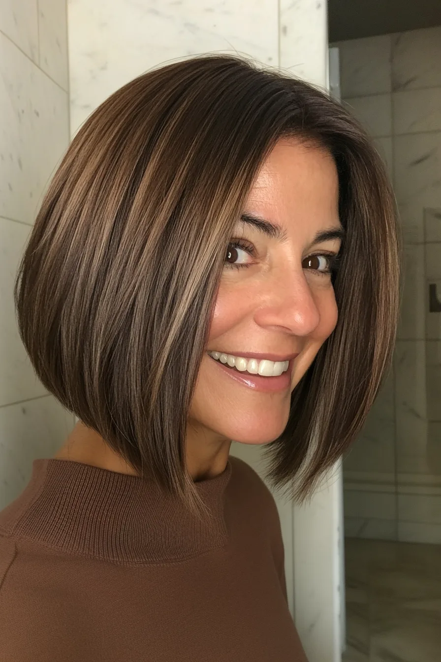 8. Angled Lob with Warm Brunette (Short Hairstyles For Thick Hair For Women Over 50) - Short Hairstyles For Thick Hair For Women Over 50