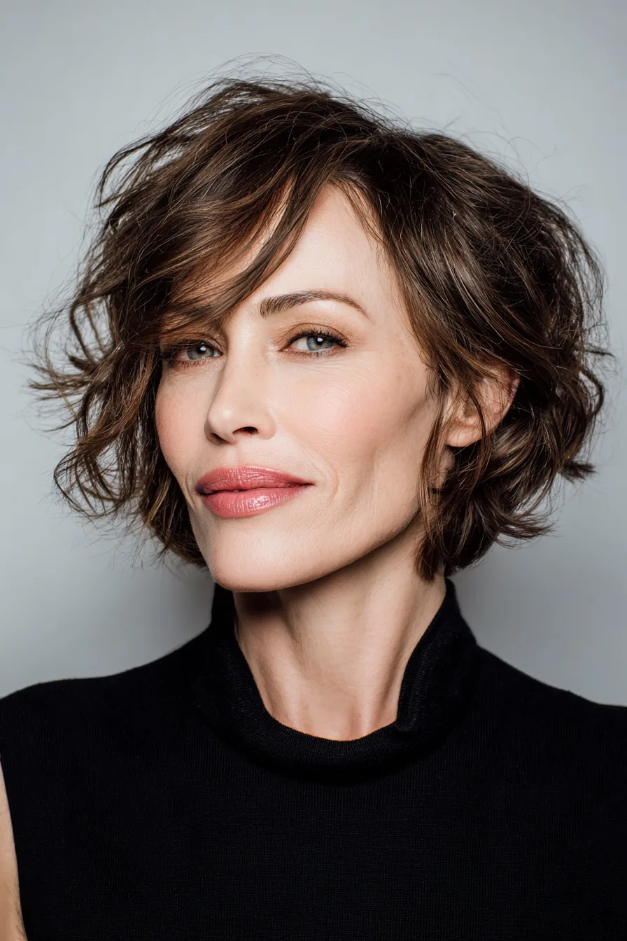 8. Messy French Bob in Classic Brunette (Short Messy Hairstyles For Women Over 50) - Short Messy Hairstyles For Women Over 50