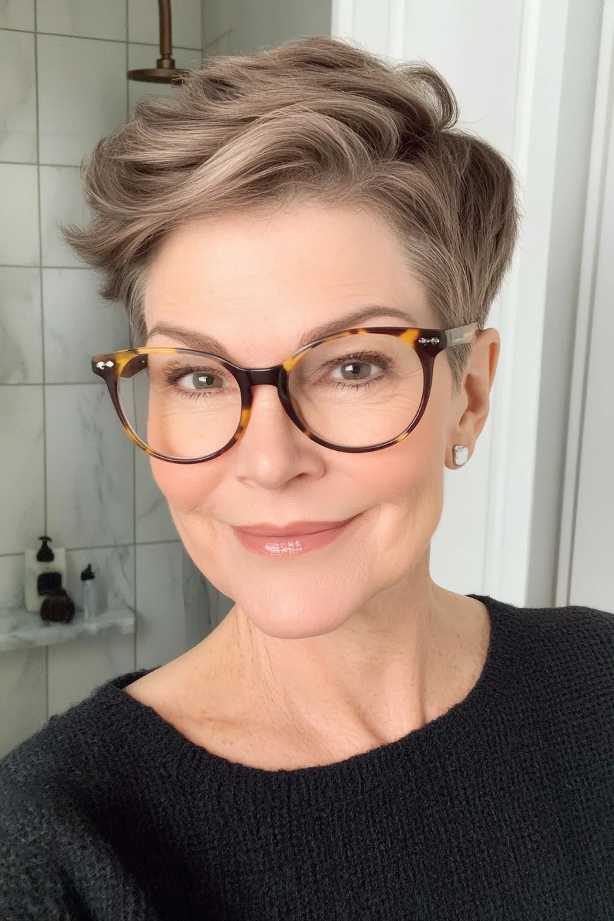 8. Short Ash Brown Pixie with Volume Crown (Pixie Haircuts For Women Over 60 With Glasses) - Pixie Haircuts For Women Over 60 With Glasses