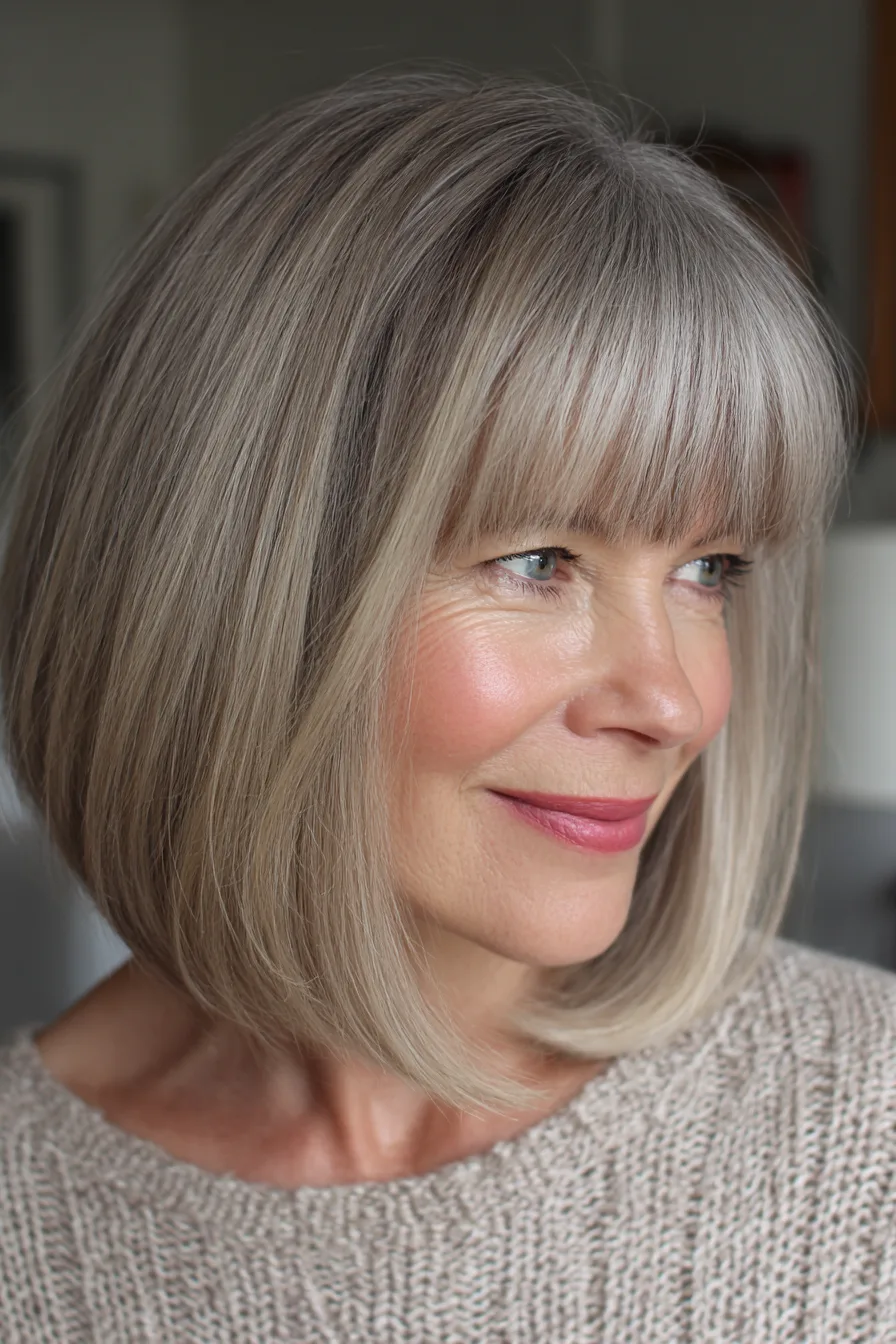 8. Shoulder-Length Blunt Cut with Arched Bangs in Sandy Blonde (Medium Length Hairstyles For Women Over 60 With Bangs) - Medium Length Hairstyles For Women Over 60 With Bangs