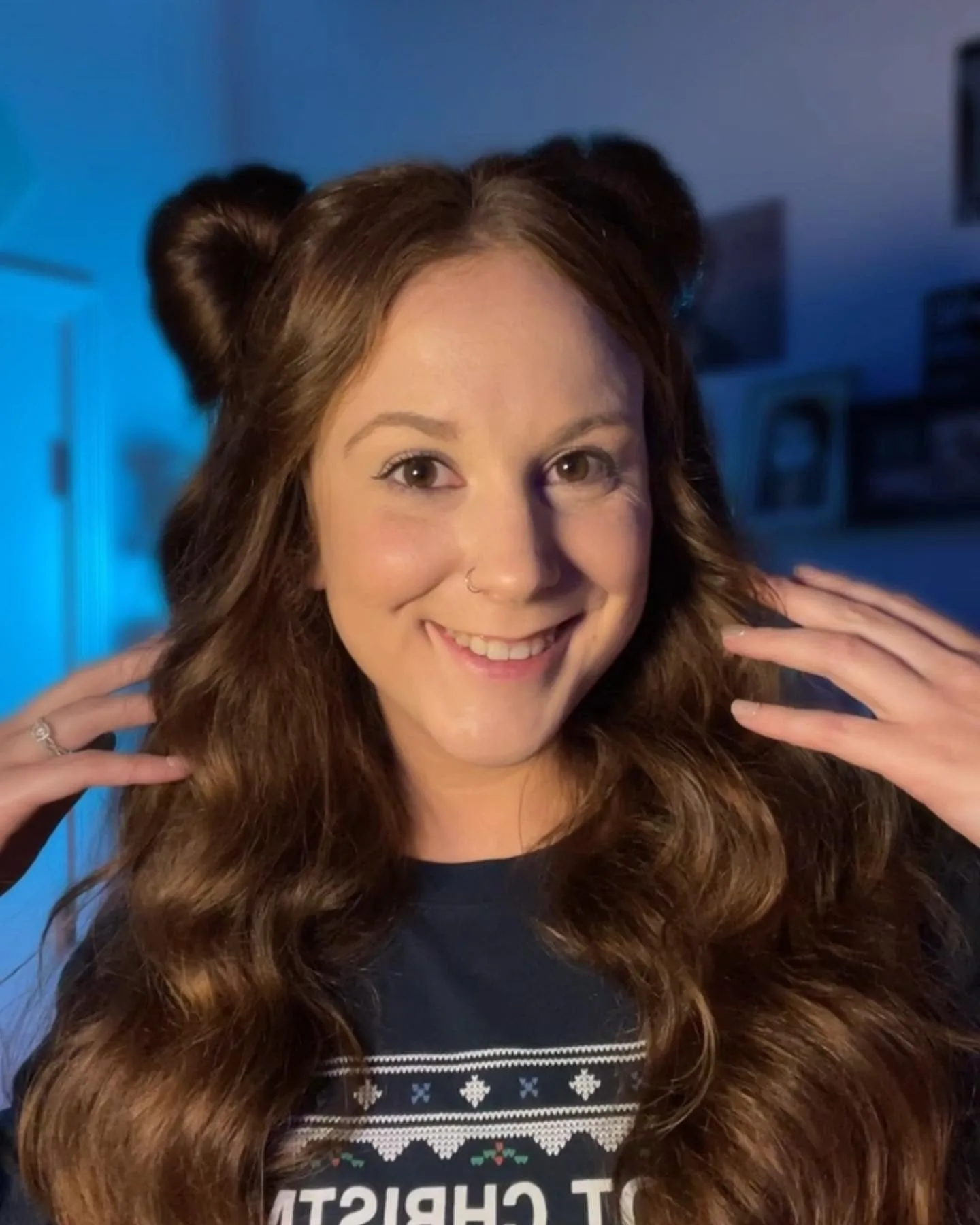 8. Soft Waves with Low Space Buns on Chestnut Hair (Space Buns Hairstyles)