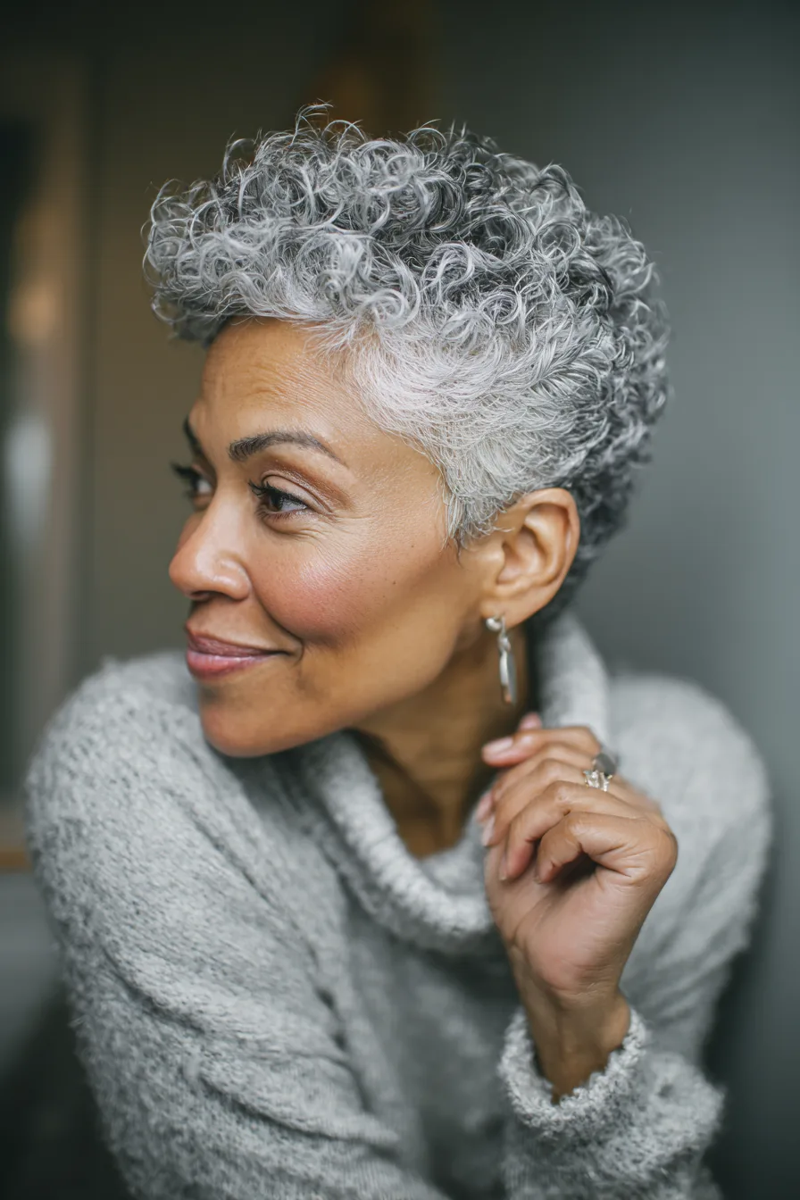9. Curly Pixie with Silver Frost Tint (Short Messy Hairstyles For Women Over 50) - Short Messy Hairstyles For Women Over 50