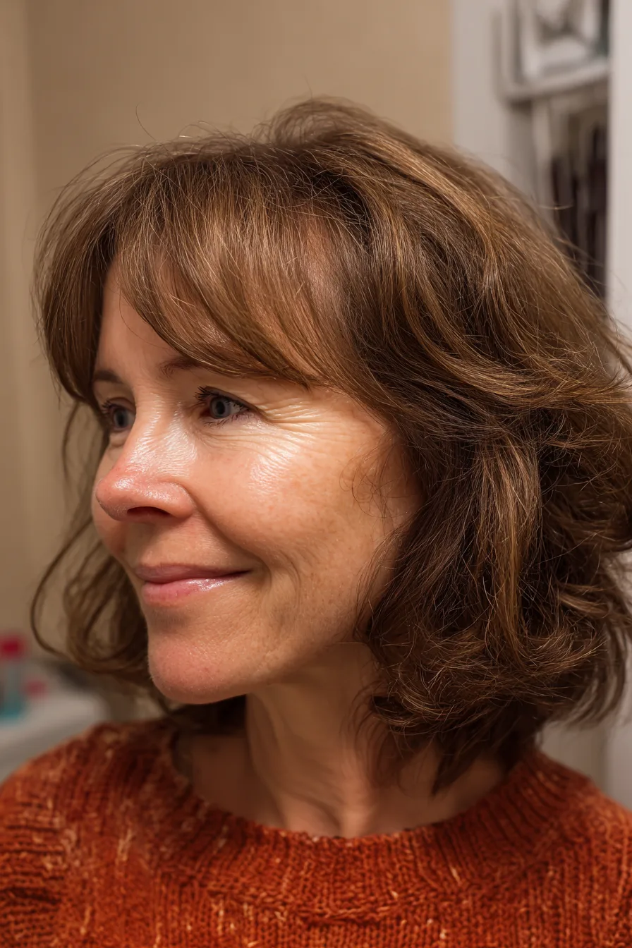 9. Flippy Midi Cut with Side-Swept Bangs in Medium Brown (Medium Length Hairstyles For Women Over 60 With Bangs) - Medium Length Hairstyles For Women Over 60 With Bangs