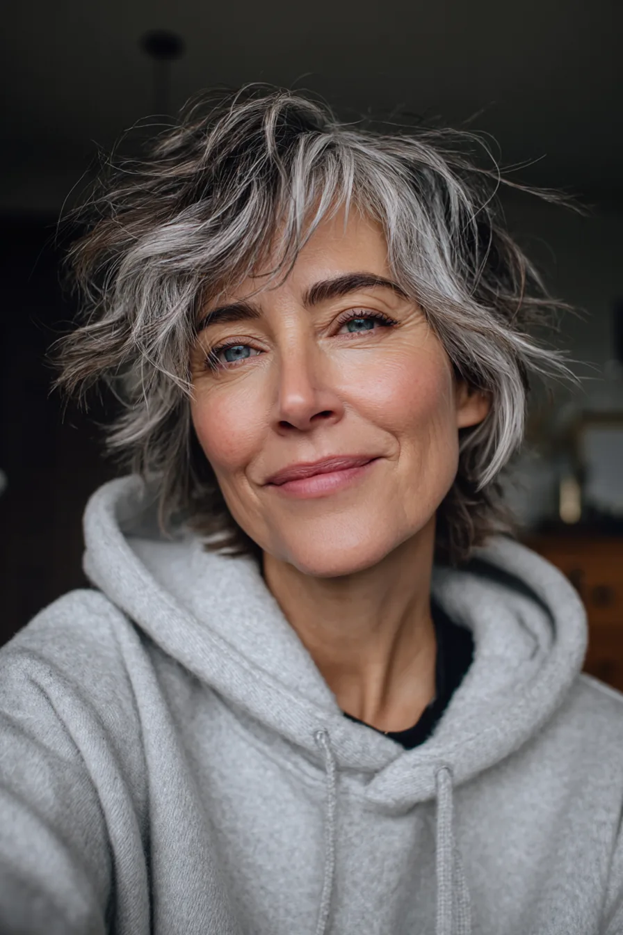 9. Modern Shag with Silver Balayage (Short Haircuts For Women Over 50 With Wavy Hair) - Short Haircuts For Women Over 50 With Wavy Hair