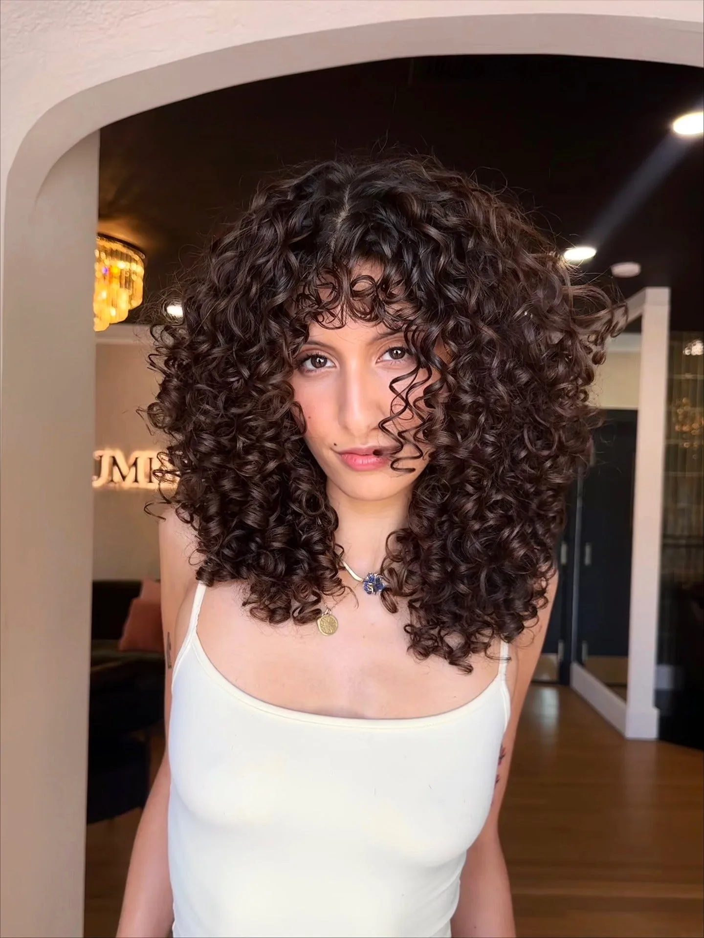 9. Voluminous Brunette Ringlets with Curtain Bangs (Messy Curly Hair)