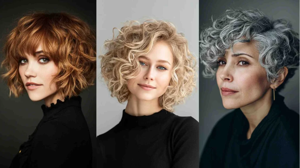 Woman with short chocolate brown curled bob hairstyle, 2025 trend.