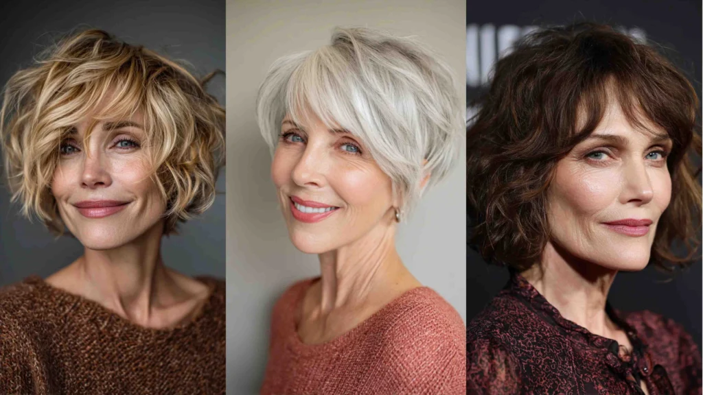Short feathered pixie haircut with chestnut color adding warmth and volume for women over 50.