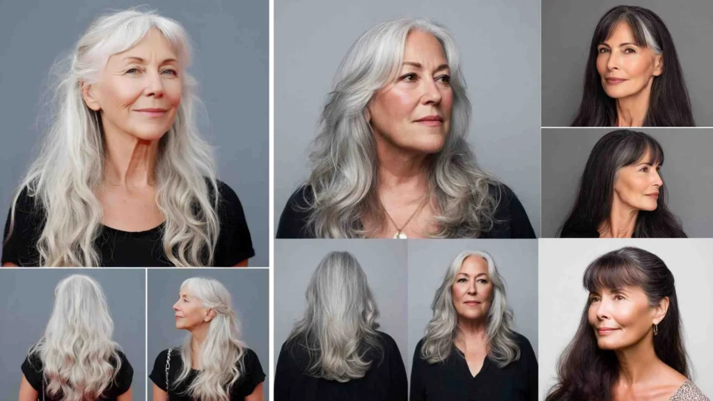 Elegant long hair styles with soft silver waves and natural volume for women over 40.