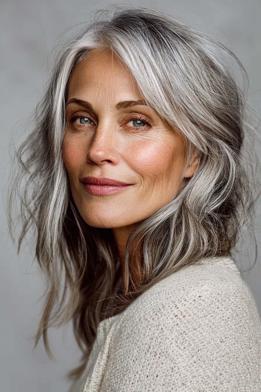 1. Feathered Lob with Ash Gray Highlights (Medium Length Hairstyles For Women Over 60 With Fine Hair) - Medium Length Hairstyles For Women Over 60 With Fine Hair