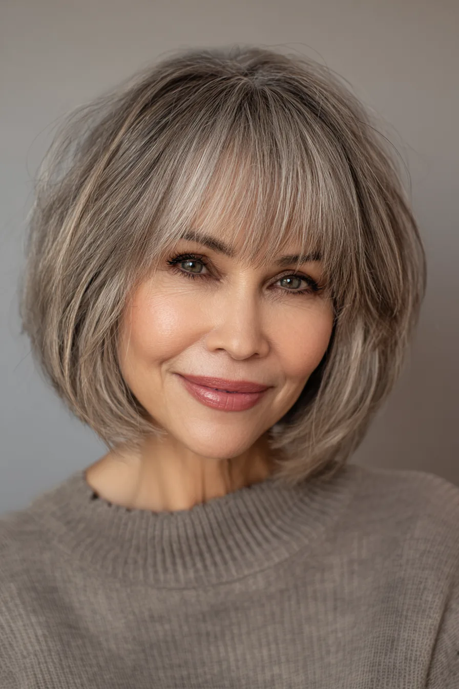 1. Layered Bob With Soft Bangs in Ash Brown (Haircuts With Bangs For Women Over 50) - Haircuts With Bangs For Women Over 50