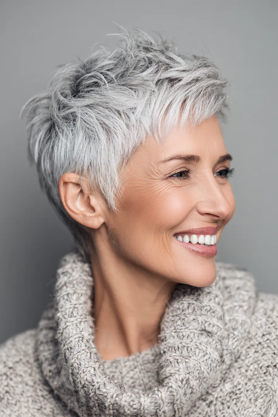 1. Textured Silver Pixie Cut (Hairstyles For Women Over 60 With Gray Hair) - Hairstyles For Women Over 60 With Gray Hair