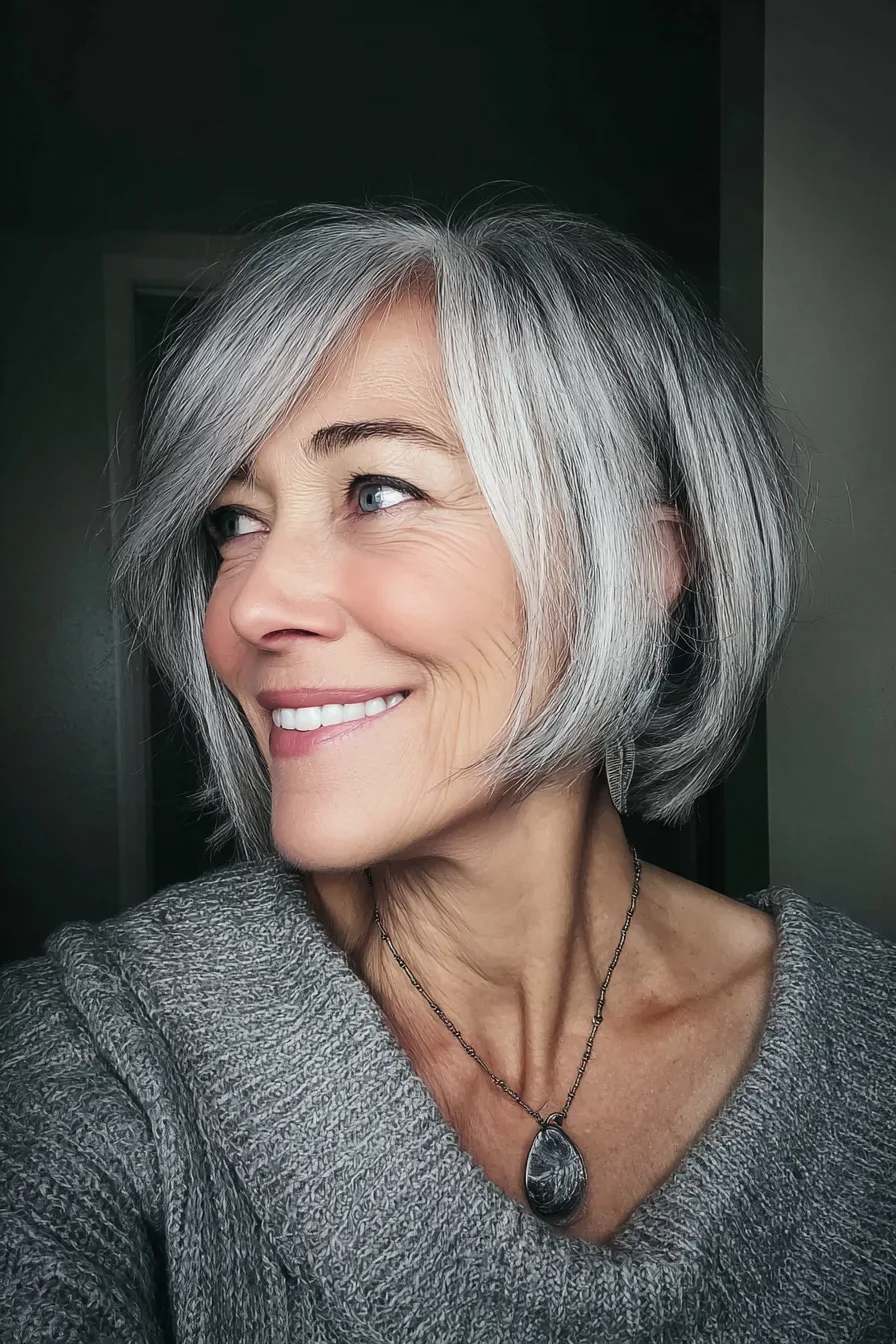 10. Gray Toned Textured Bob with Side Bangs (Hairstyles For Women Over 60 With Gray Hair) - Hairstyles For Women Over 60 With Gray Hair
