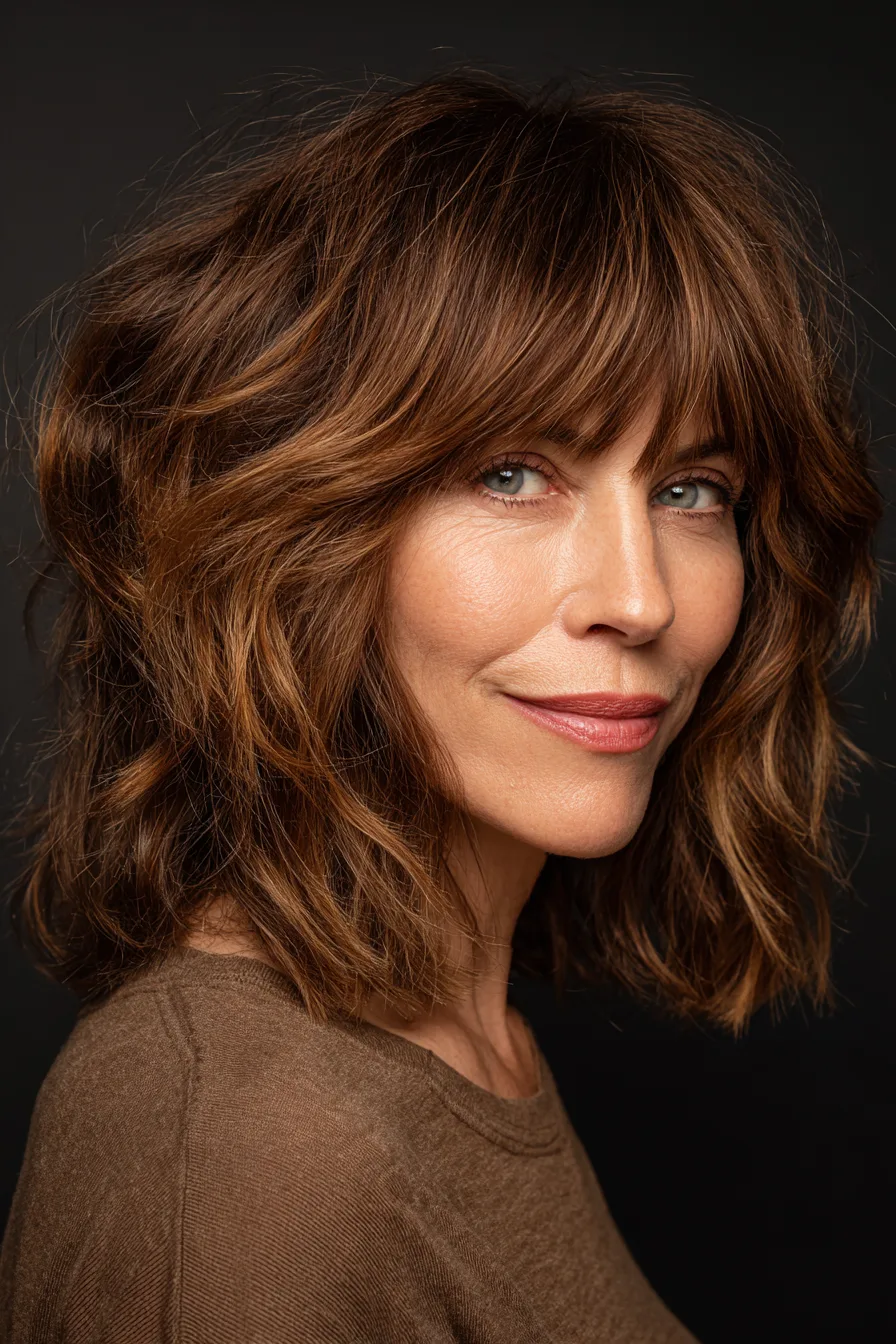10. Medium Shag With Choppy Bangs in Warm Brown (Haircuts With Bangs For Women Over 50) - Haircuts With Bangs For Women Over 50