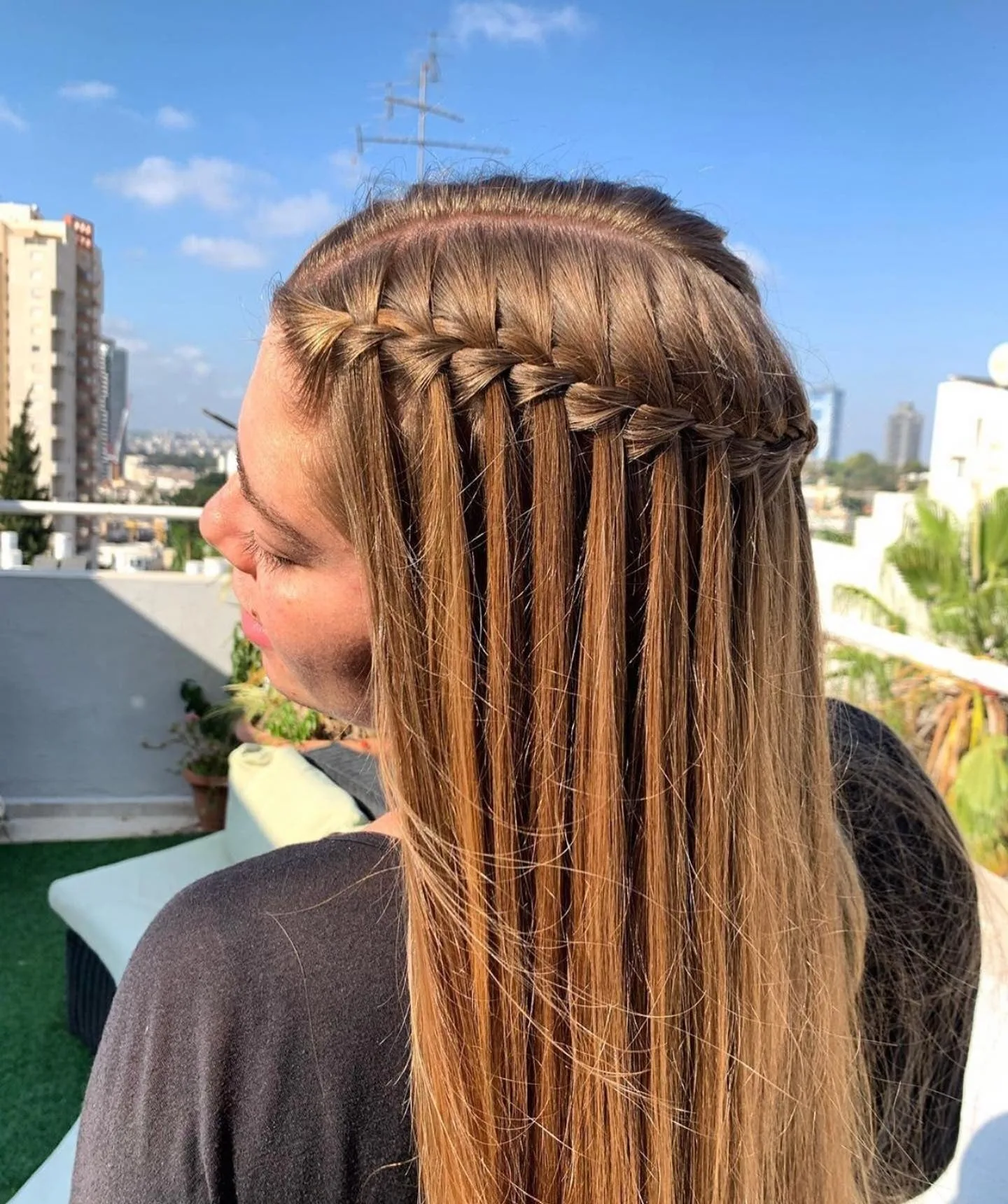 11. Golden Amber Straight Waterfall Braid (Waterfall Braid Hairstyles)