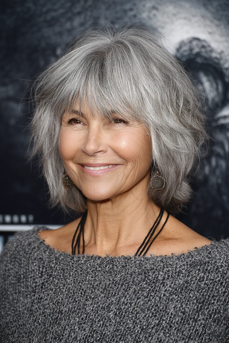 11. Short Gray Shag with Wispy Bangs (Hairstyles For Women Over 60 With Gray Hair) - Hairstyles For Women Over 60 With Gray Hair