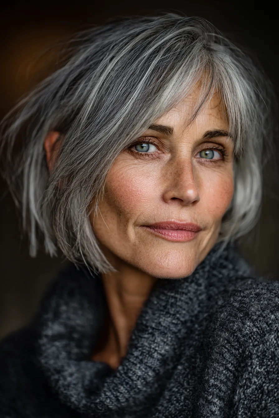 12. Blunt French Bob with Soft Salt-and-Pepper Tones (Blunt Haircuts For Women Over 50) - Blunt Haircuts For Women Over 50