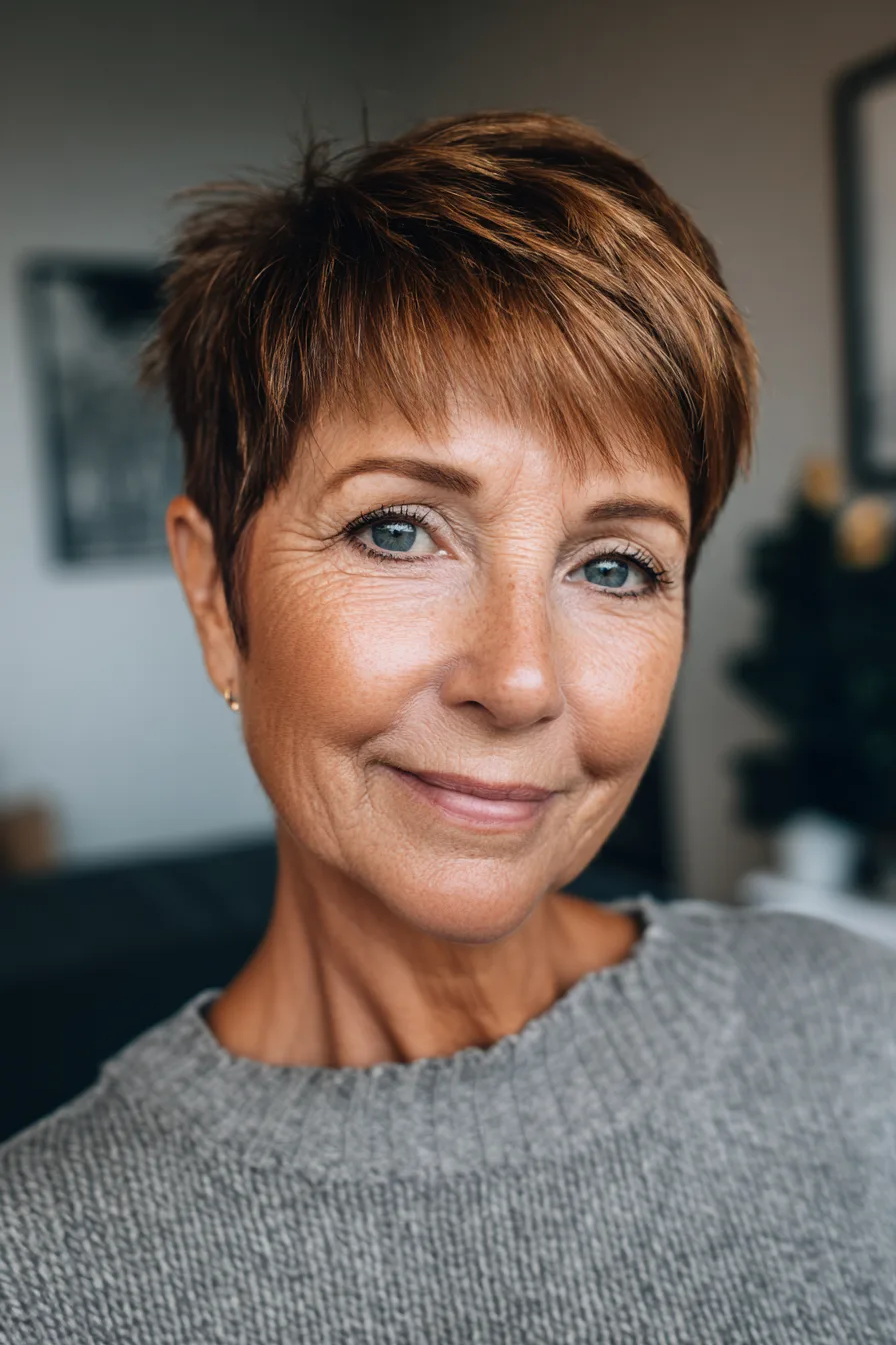 12. Classic Pixie With Tapered Bangs in Dark Chestnut (Haircuts With Bangs For Women Over 50) - Haircuts With Bangs For Women Over 50