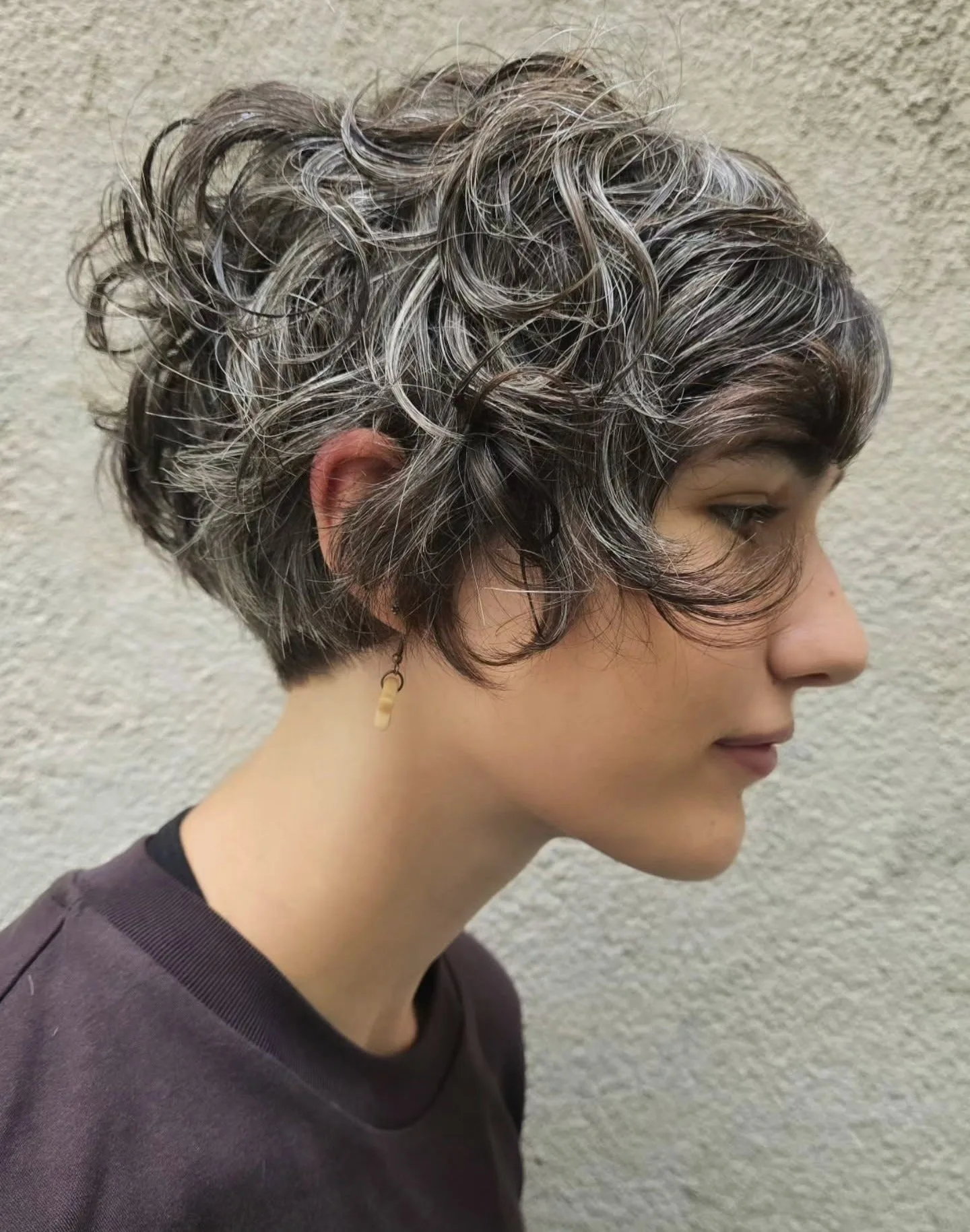 12. Curly Ash Brown Pixie with Silver Highlights (Wispy Pixie Hairstyles)