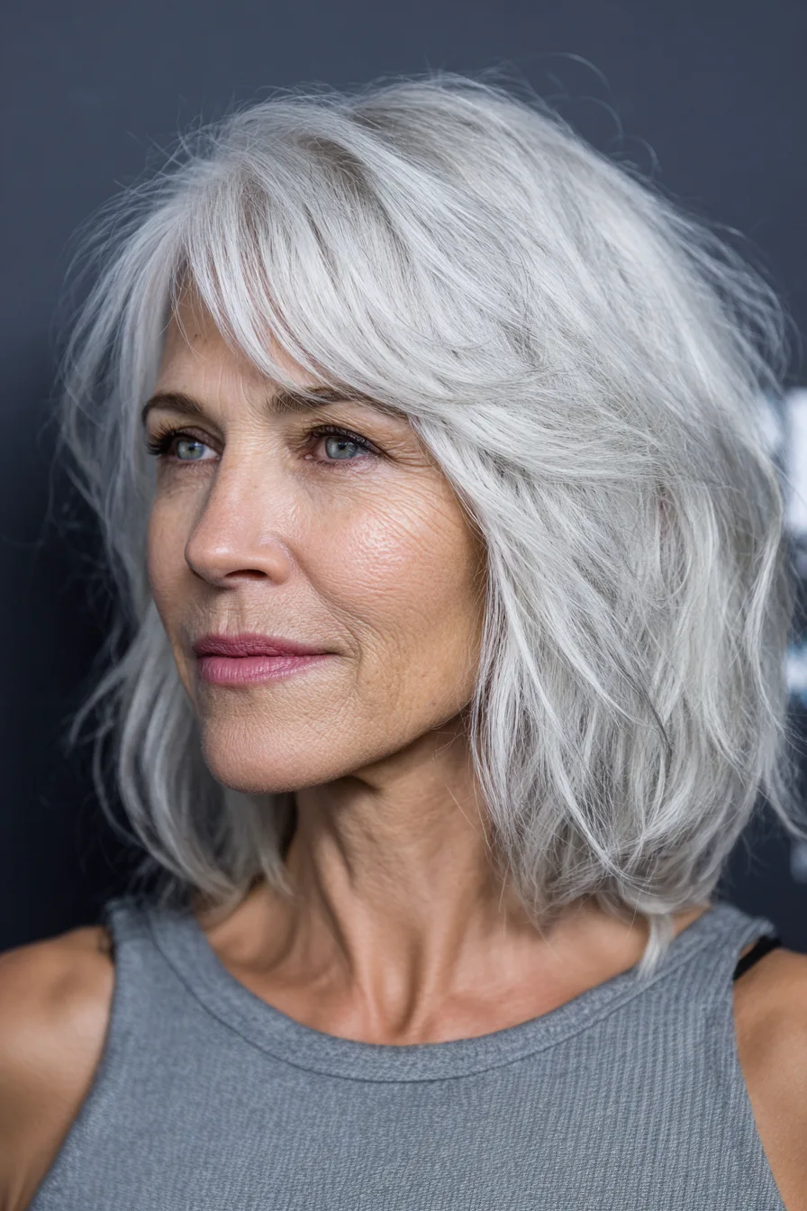 12. Icy Silver Layered Lob (Popular Haircuts For Women Over 60) - Popular Haircuts For Women Over 60