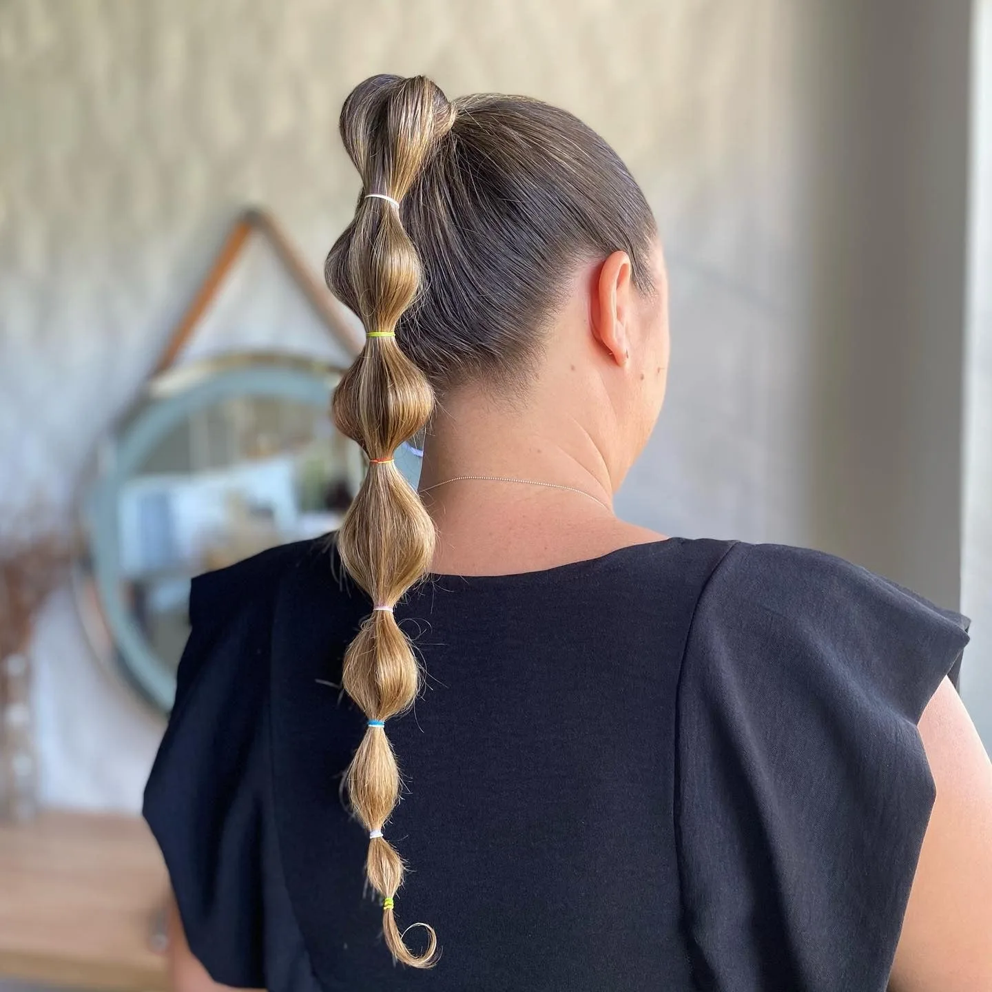 12. Multi-Elastic Caramel Bubble Ponytail with Glossy Finish (Bubble Ponytail Hairstyles)