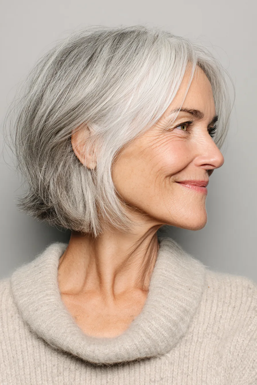 13. Chin-Length Layered Silver Cut (Hairstyles For Women Over 60 With Gray Hair) - Hairstyles For Women Over 60 With Gray Hair
