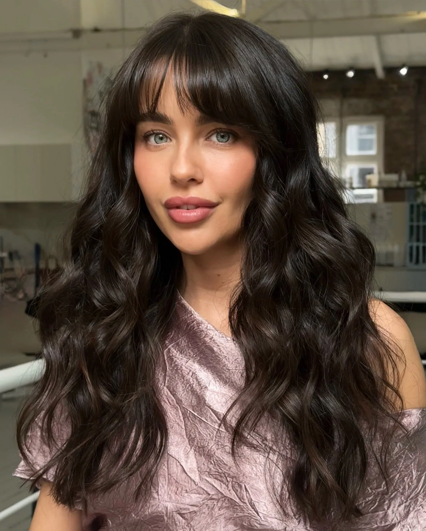 13. Dark Cocoa Waves with Rounded Fringe (Messy Fringe Haircut For Women)