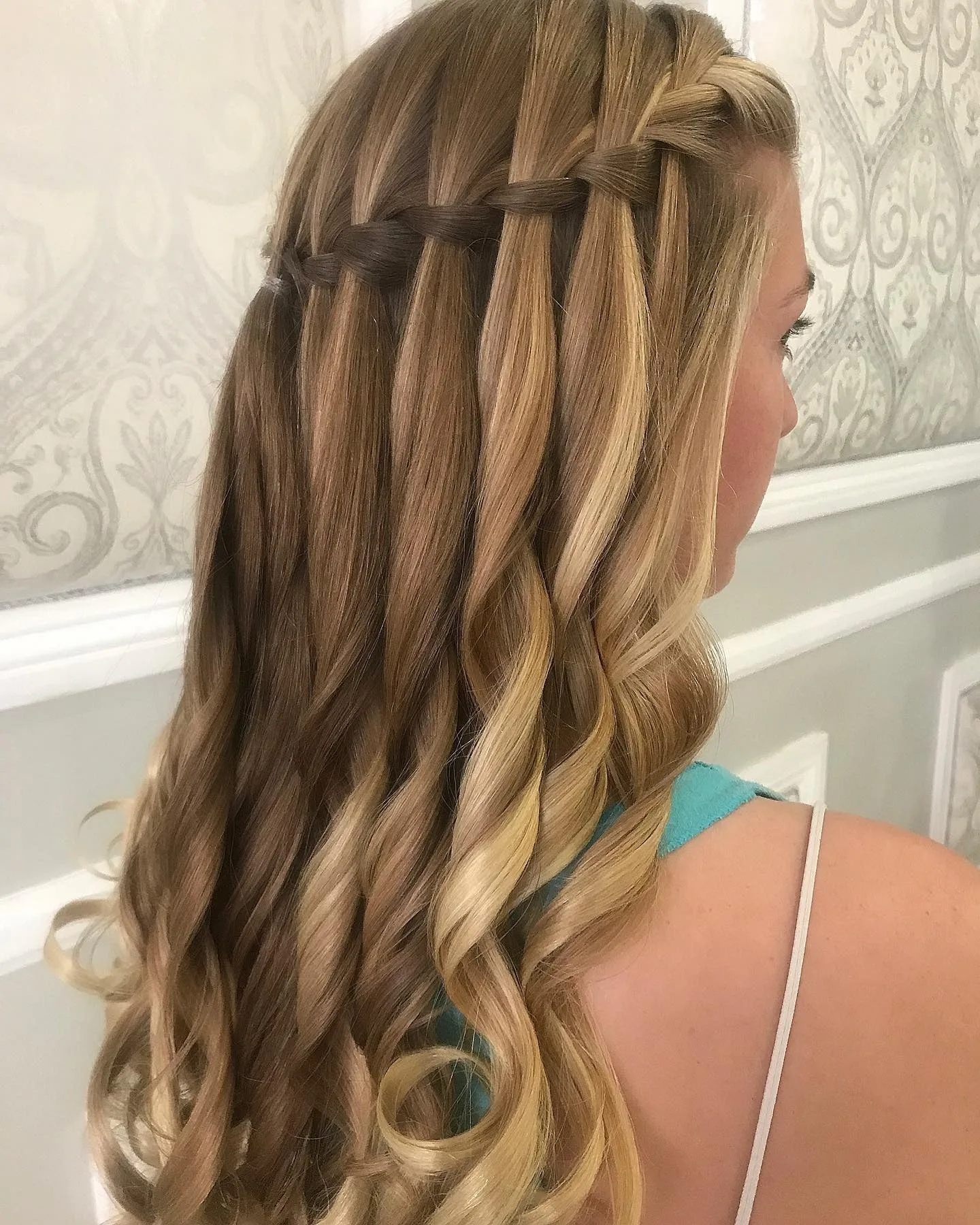 13. Honey Blonde Spiral Waterfall Waves (Waterfall Braid Hairstyles)
