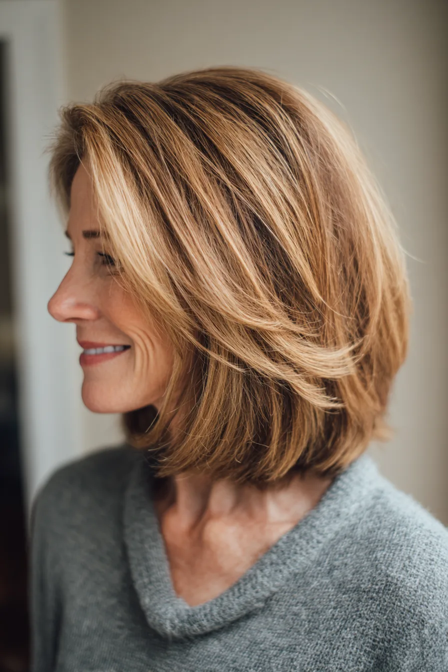 13. Shoulder-Length Blunt Cut with Light Caramel Tint (Blunt Haircuts For Women Over 50) - Blunt Haircuts For Women Over 50