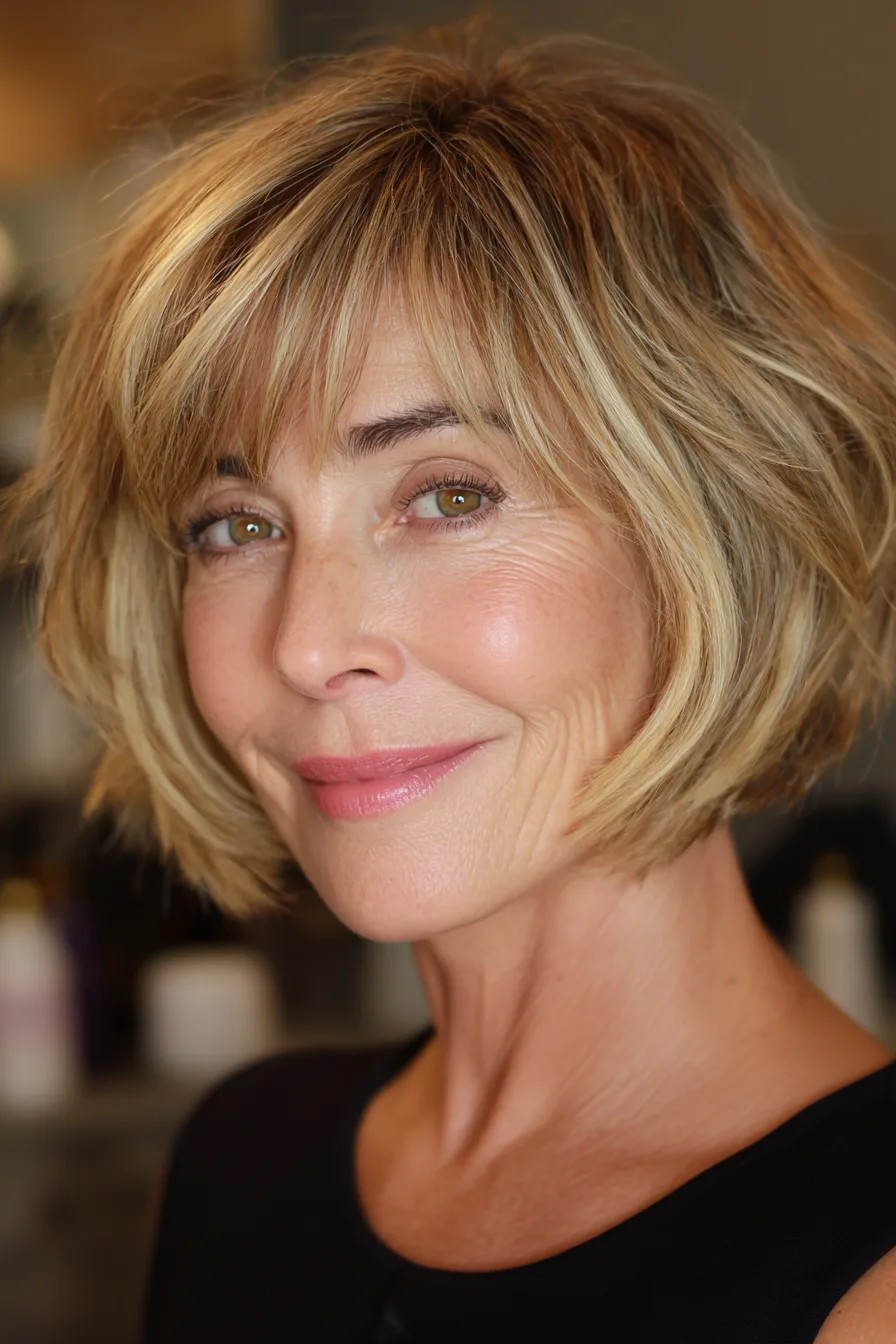 13. Soft Bob With Brow-Grazing Bangs in Light Golden Brown (Haircuts With Bangs For Women Over 50) - Haircuts With Bangs For Women Over 50