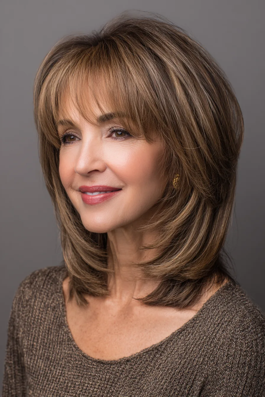 14. Layered Blunt Cut in Neutral Brown (Blunt Haircuts For Women Over 50) - Blunt Haircuts For Women Over 50