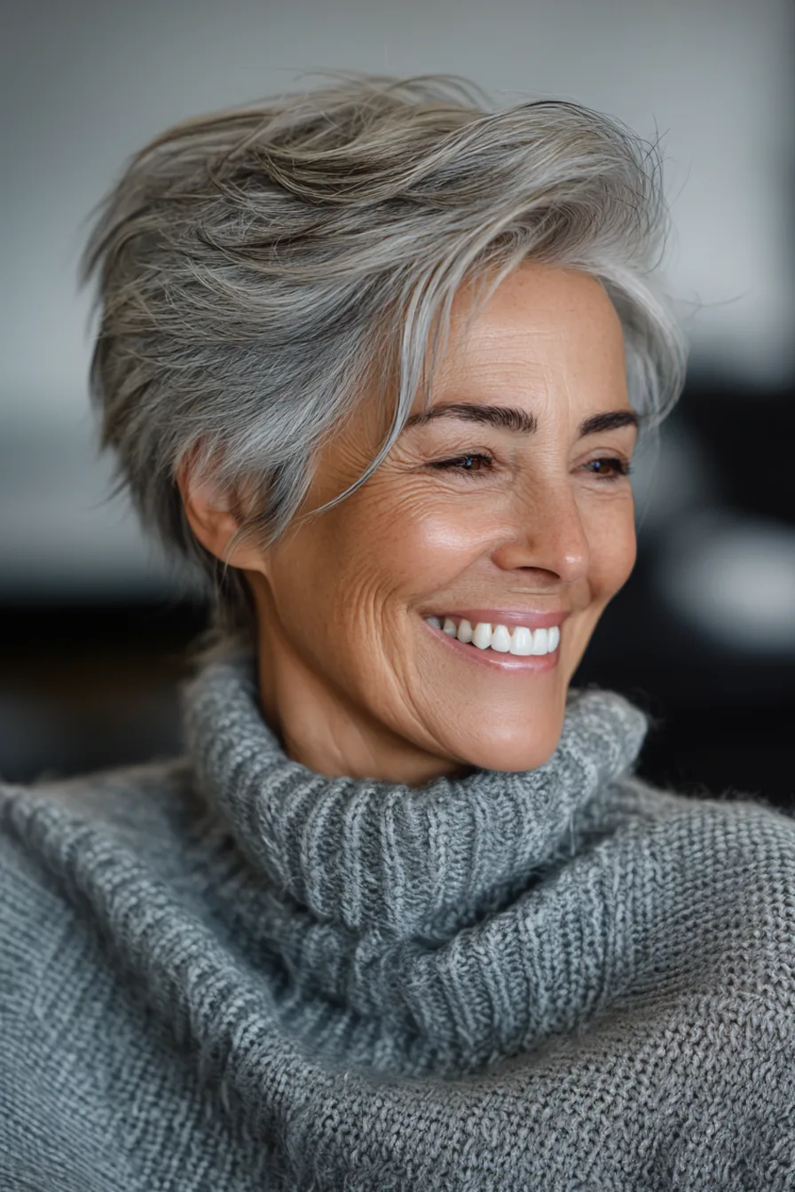 14. Silver Pixie with Long Crown Layers (Hairstyles For Women Over 60 With Gray Hair) - Hairstyles For Women Over 60 With Gray Hair