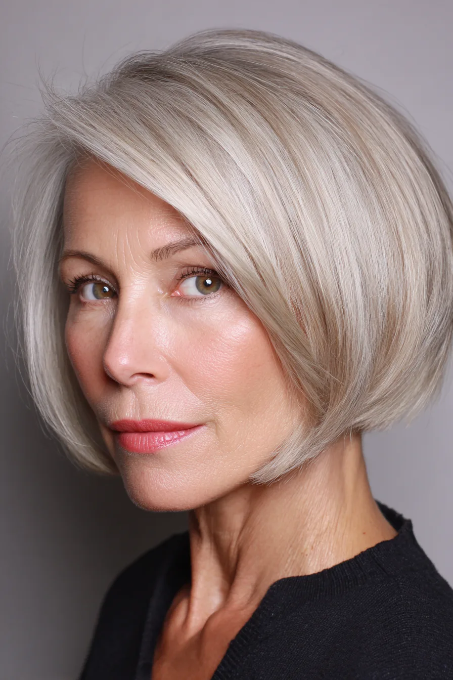 15. Blunt Bob with Soft Side Part in Light Ash Blonde (Blunt Haircuts For Women Over 50) - Blunt Haircuts For Women Over 50