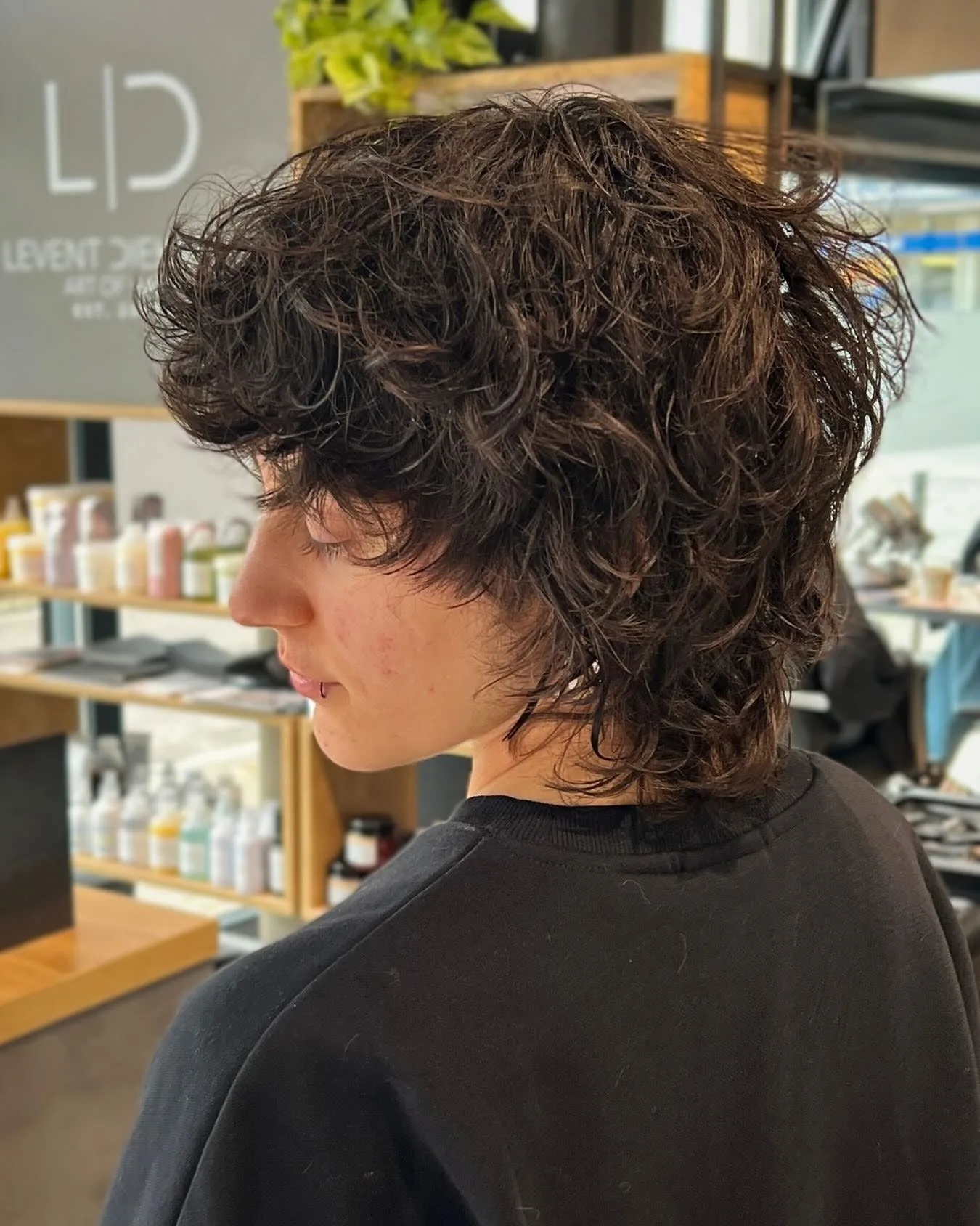 15. Natural Dark Curly Wolf Shag (Short Wolf Haircut)