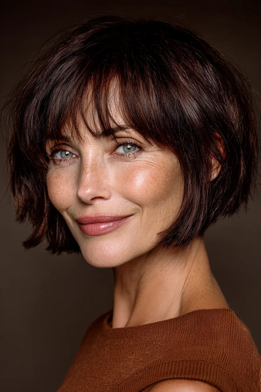 15. Rounded Bob With Curved Bangs in Dark Mahogany (Haircuts With Bangs For Women Over 50) - Haircuts With Bangs For Women Over 50