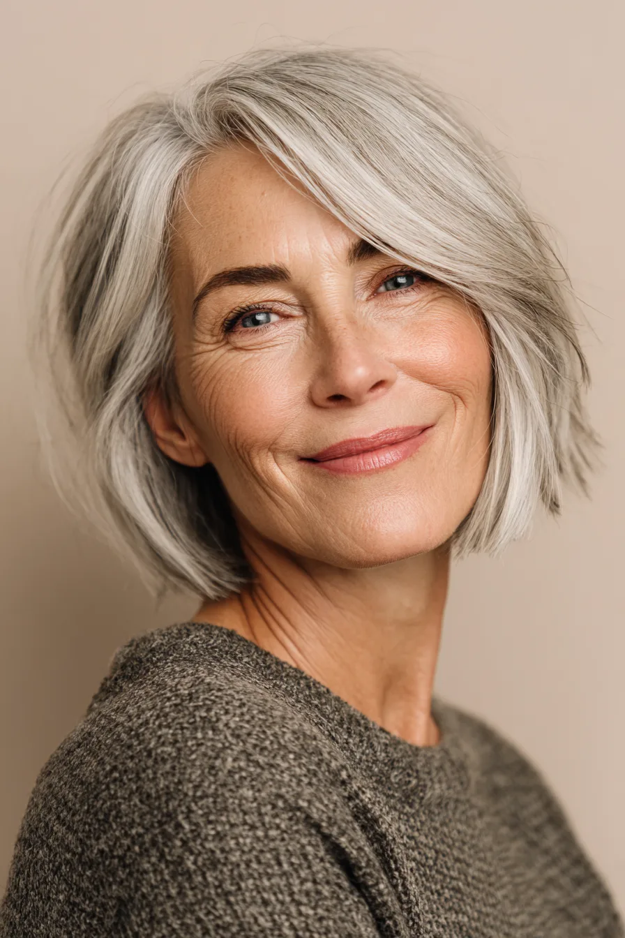 15. Silver Beige Angled Bob (Popular Haircuts For Women Over 60) - Popular Haircuts For Women Over 60