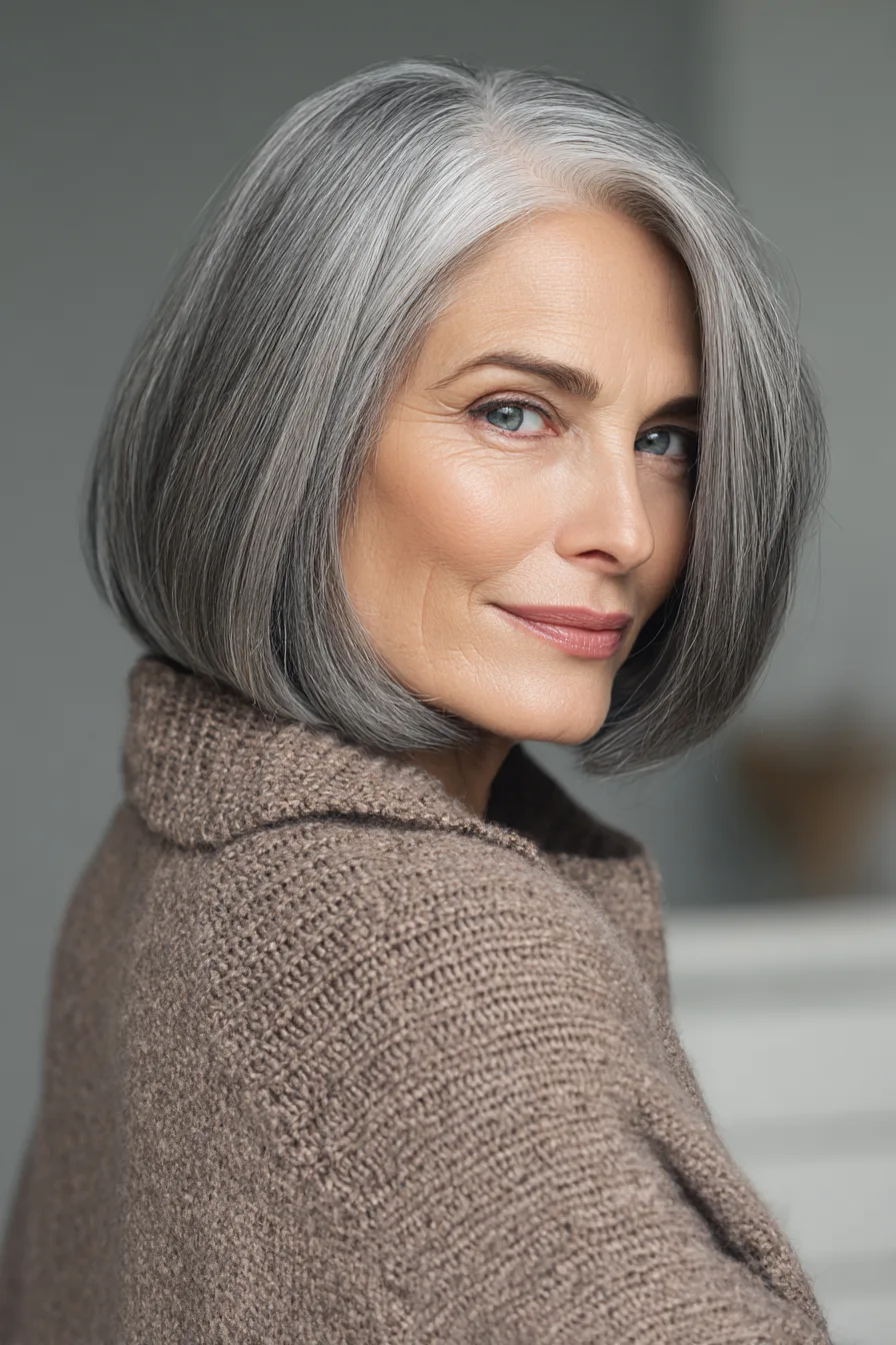 15. Sleek Pewter Bob with Blunt Ends (Hairstyles For Women Over 60 With Gray Hair) - Hairstyles For Women Over 60 With Gray Hair