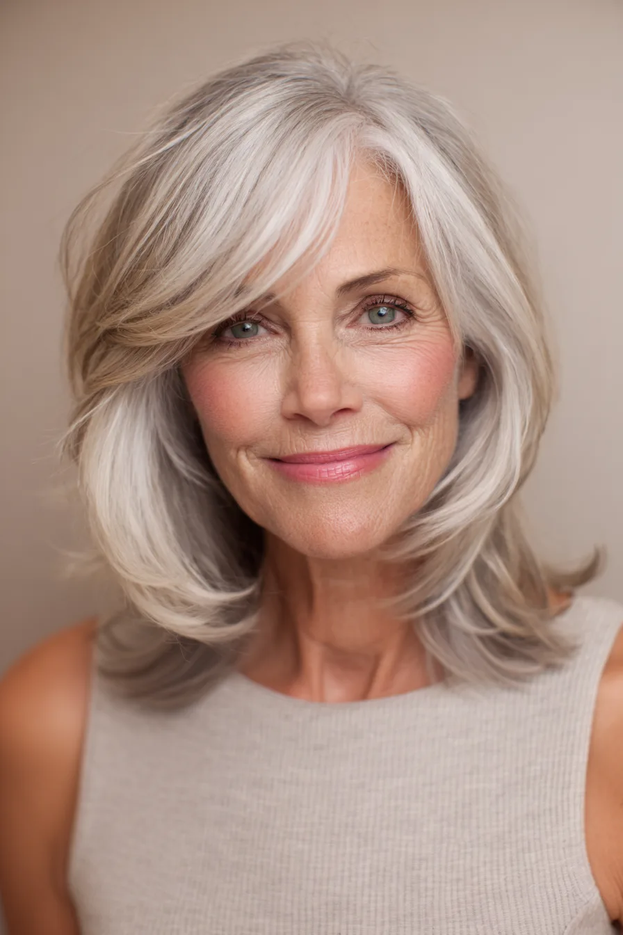 15. Swooped Bang Lob with Neutral Beige Blonde (Medium Length Hairstyles For Women Over 60 With Fine Hair) - Medium Length Hairstyles For Women Over 60 With Fine Hair