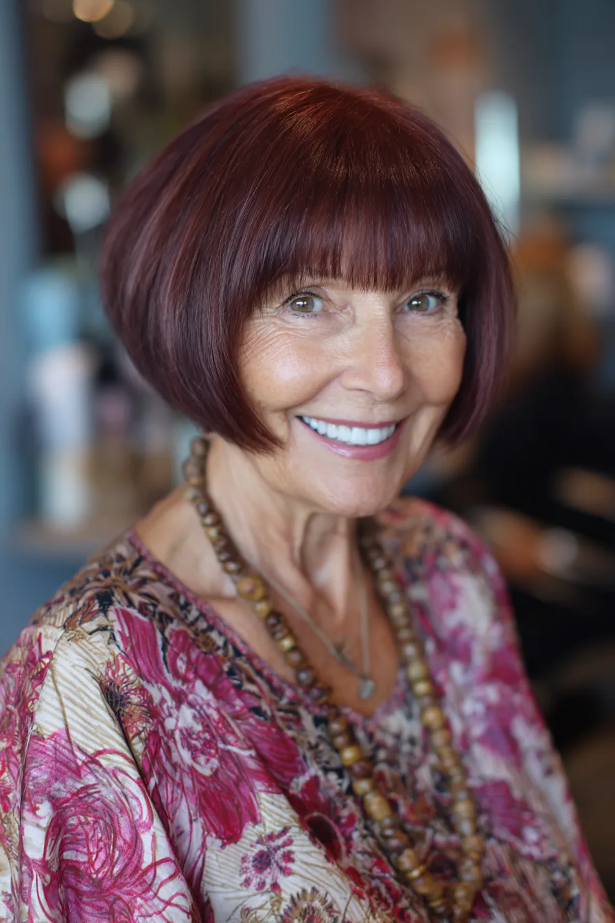 16. Blunt Cut with Feathered Bangs and Deep Mahogany Tint (Blunt Haircuts For Women Over 50) - Blunt Haircuts For Women Over 50