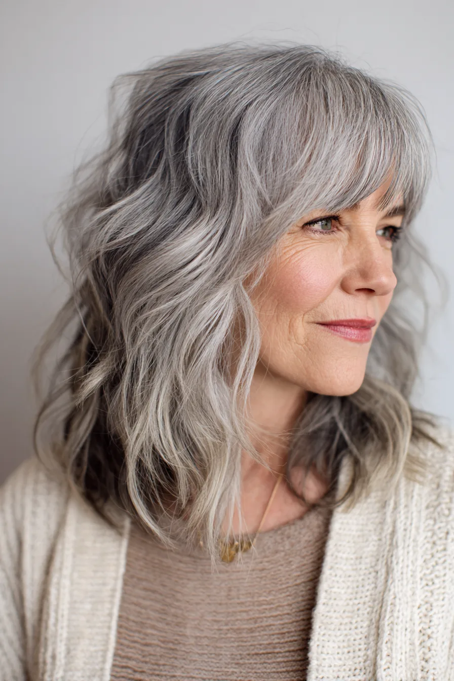 16. Wavy Lob With Wispy Bangs in Natural Gray (Haircuts With Bangs For Women Over 50) - Haircuts With Bangs For Women Over 50