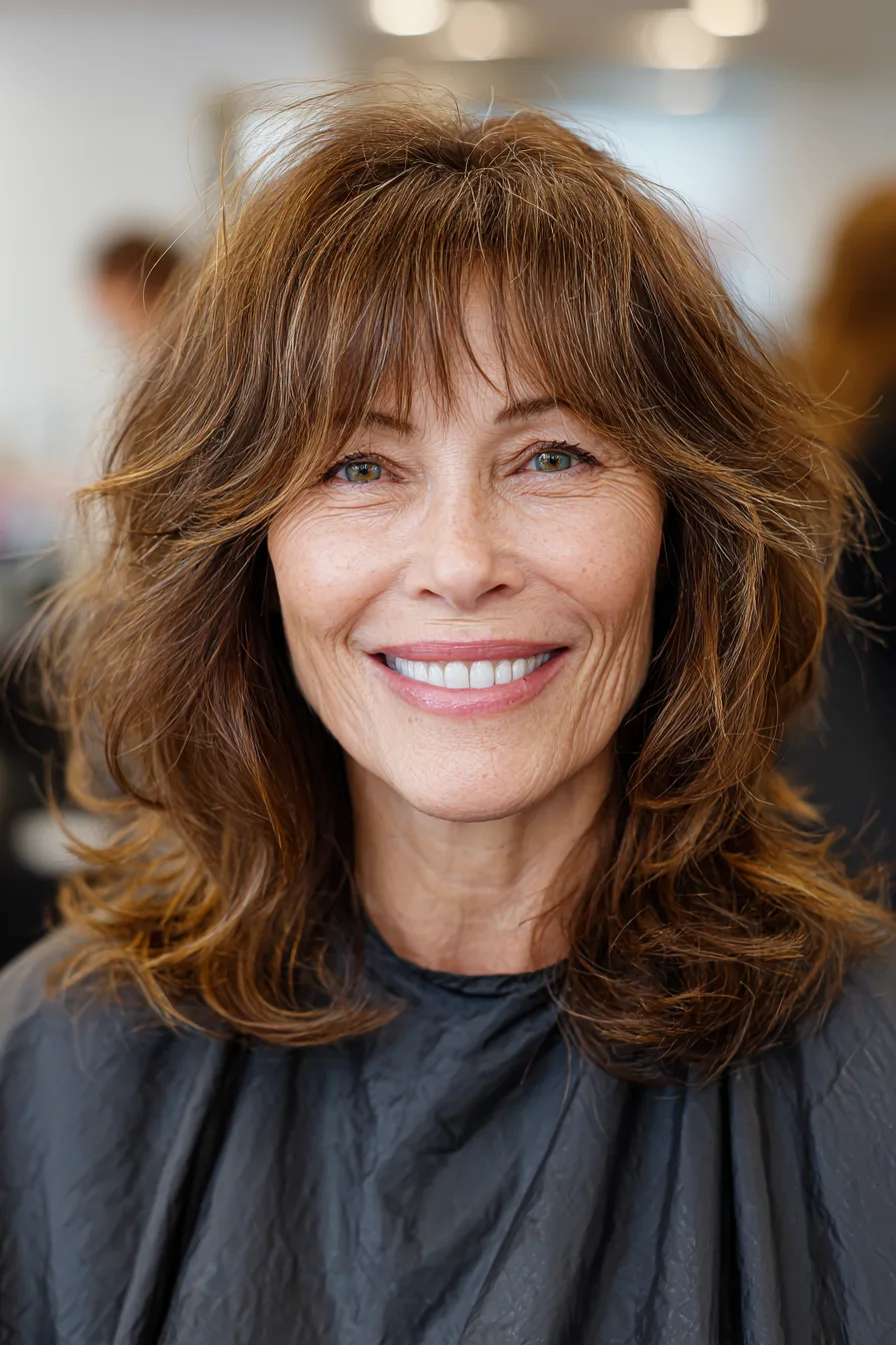 17. Shoulder Cut With Textured Fringe in Caramel Brown (Haircuts With Bangs For Women Over 50) - Haircuts With Bangs For Women Over 50
