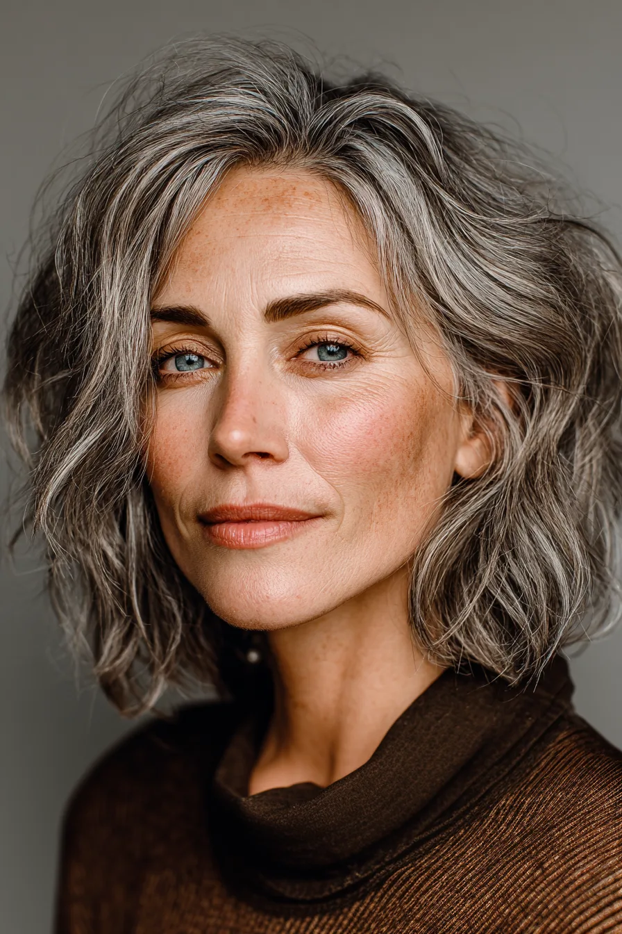 17. Wavy Blunt Bob in Light Brown with Subtle Gray Blend (Blunt Haircuts For Women Over 50) - Blunt Haircuts For Women Over 50