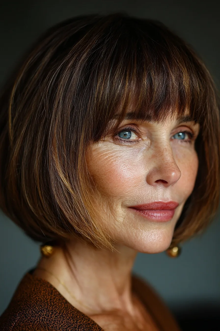 18. Blunt Mid-Length with Straight Fringe in Classic Brunette (Blunt Haircuts For Women Over 50) - Blunt Haircuts For Women Over 50